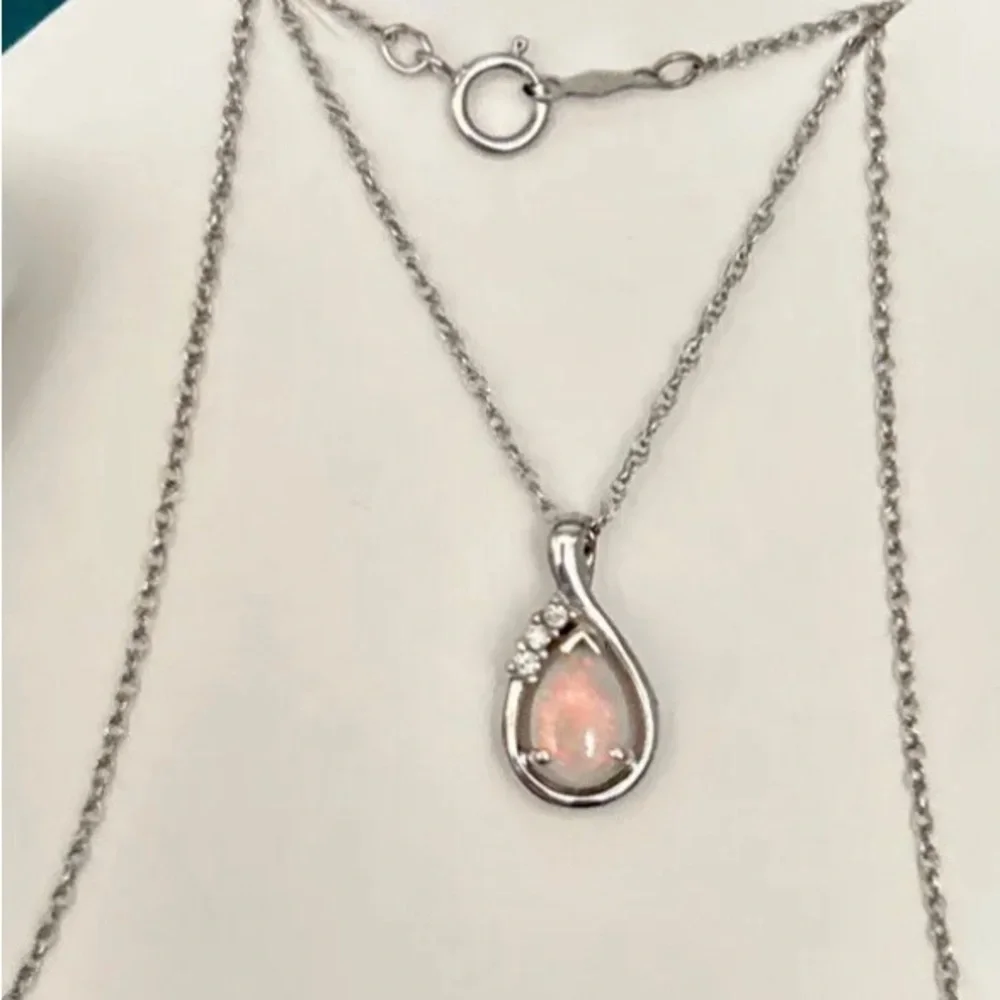 💖SOLD!💖 14K Pink Opal & Diamond Modernist Pendant Necklace in Solid Rose Gold - Picture 3 of 9